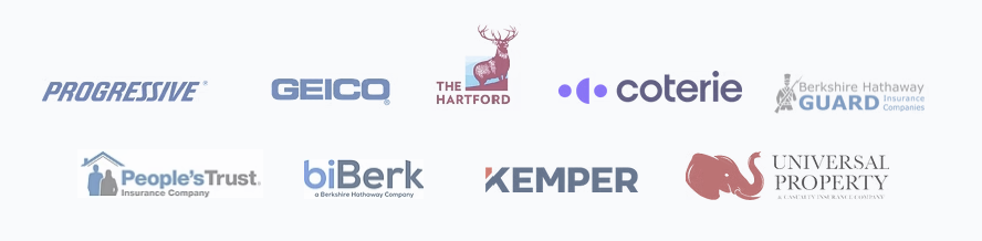 Insurance carrier partners: Progressive, GEICO, The Hartford, Coterie, Berkshire Hathaway Guard, People’s Trust, biBerk, Kemper, and Universal Property & Casualty