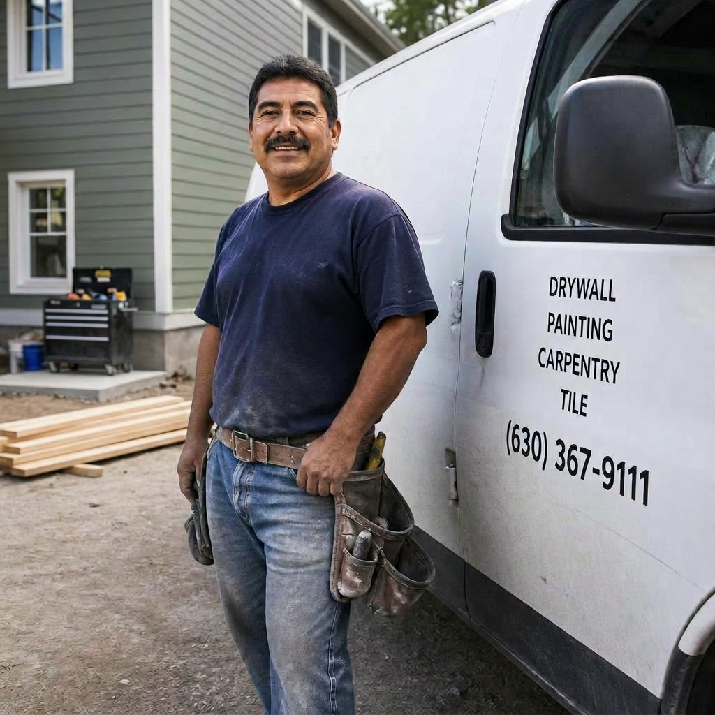Small business contractor next to a work truck