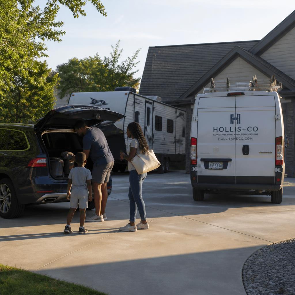 Suburban home with a family SUV, an RV, and a contractor's work van in the driveway — representing home, auto, RV, and commercial insurance